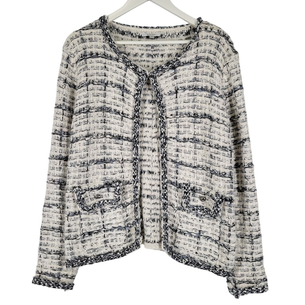 SIONI Tweed Knit Open Front Cardigan Jacket Ivory Black Blue L Classic Lux
